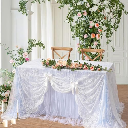 B.Cool B-COOL 2 Pieces 60x120 Inch Lace Table Cloths Farmhouse Rustic White Tablecloth for Bridal Shower Flower Table Linen Outdoor Decorations - Image 2