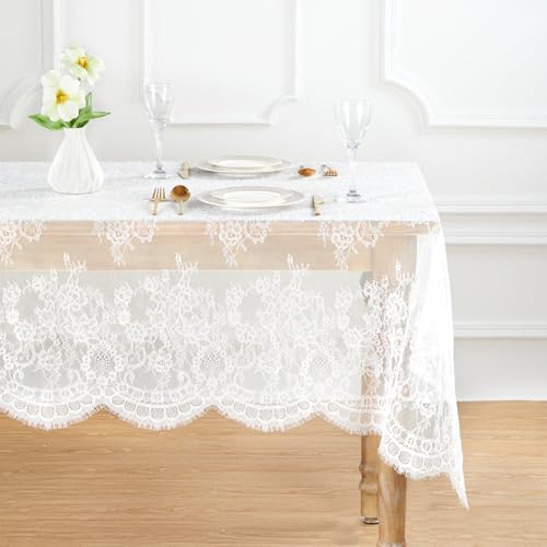 B.Cool B-COOL 2 Pieces 60x120 Inch Lace Table Cloths Farmhouse Rustic White Tablecloth for Bridal Shower Flower Table Linen Outdoor Decorations - Image 3