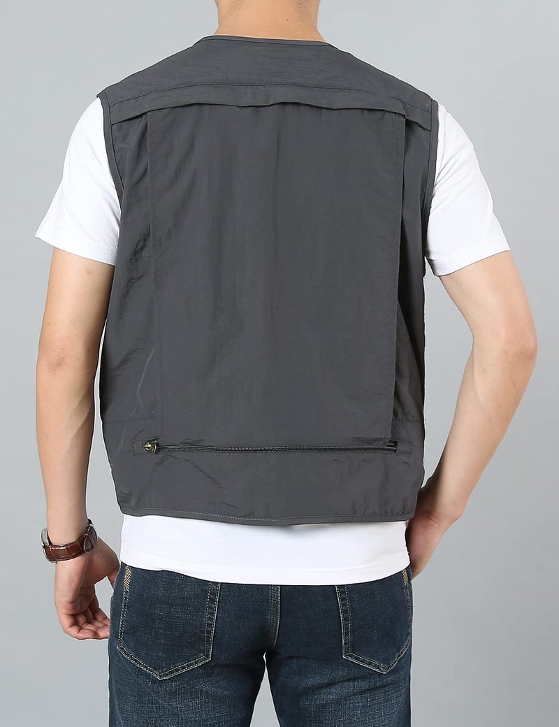 Flygo Men's Utility Cargo Vest Outdoor Summer Work Photo Fishing Safari Travel Vest with Pockets(01Grey-L) - Image 5