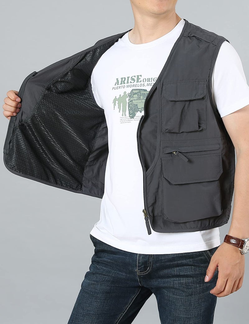 Flygo Men's Utility Cargo Vest Outdoor Summer Work Photo Fishing Safari Travel Vest with Pockets(01Grey-L) - Image 3