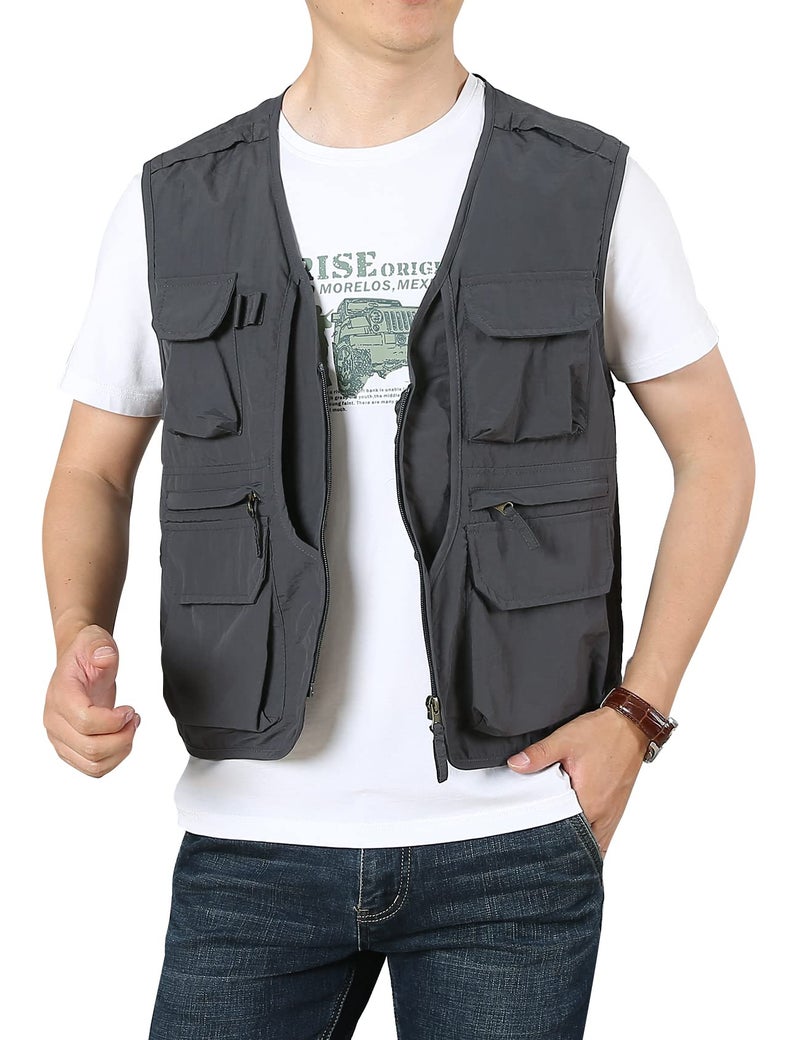 Flygo Men's Utility Cargo Vest Outdoor Summer Work Photo Fishing Safari Travel Vest with Pockets(01Grey-L) - Image 1