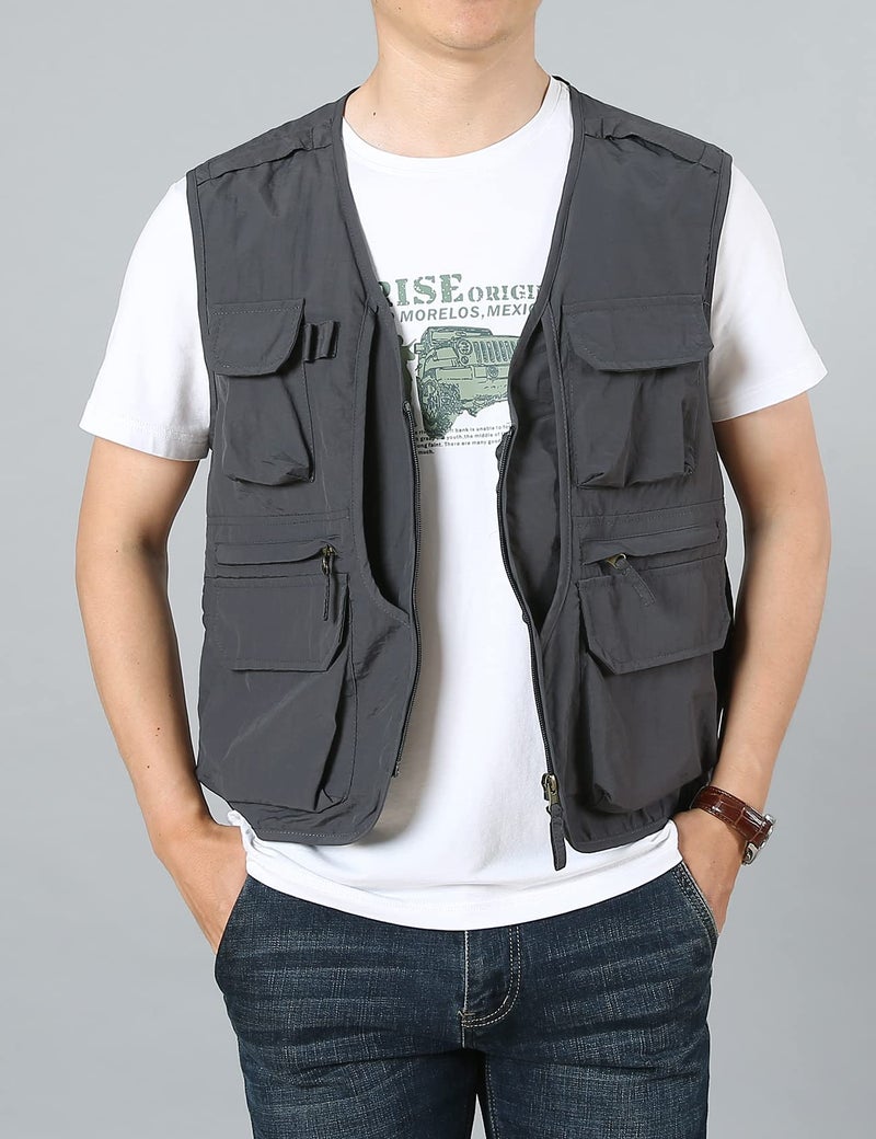 Flygo Men's Utility Cargo Vest Outdoor Summer Work Photo Fishing Safari Travel Vest with Pockets(01Grey-L) - Image 2