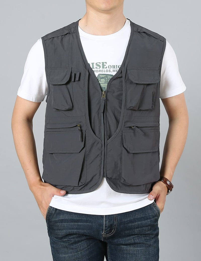 Flygo Men's Utility Cargo Vest Outdoor Summer Work Photo Fishing Safari Travel Vest with Pockets(01Grey-L) - Image 4
