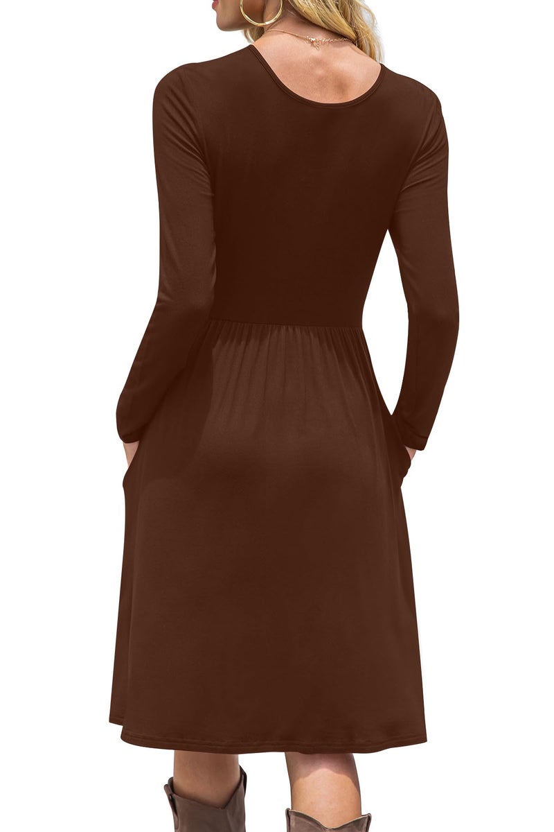DB MOON Women Casual Long Sleeve Dresses Empire Waist Loose Dress with Pockets (Brown 02, 2XL) - Image 3
