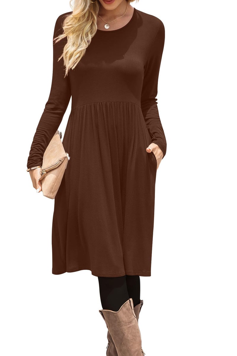 DB MOON Women Casual Long Sleeve Dresses Empire Waist Loose Dress with Pockets (Brown 02, 2XL) - Image 1