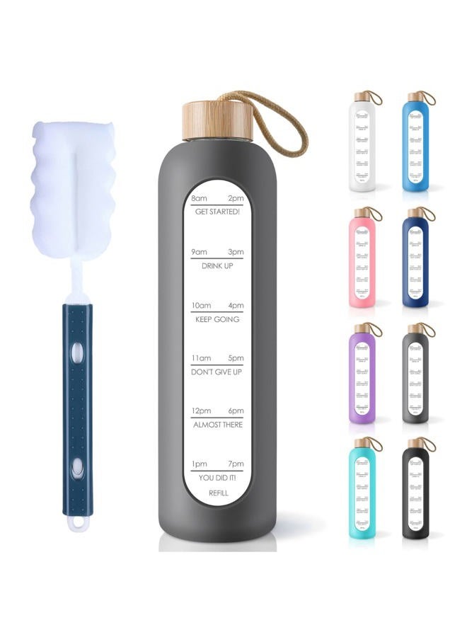 PROBTTL 32 Oz Borosilicate Glass Water Bottle with Time Marker Reminder Quotes, 1 Liter Leak Proof Reusable BPA Free Motivational Water Bottles with Silicone Sleeve and Bamboo Lid (Grey) - Image 1