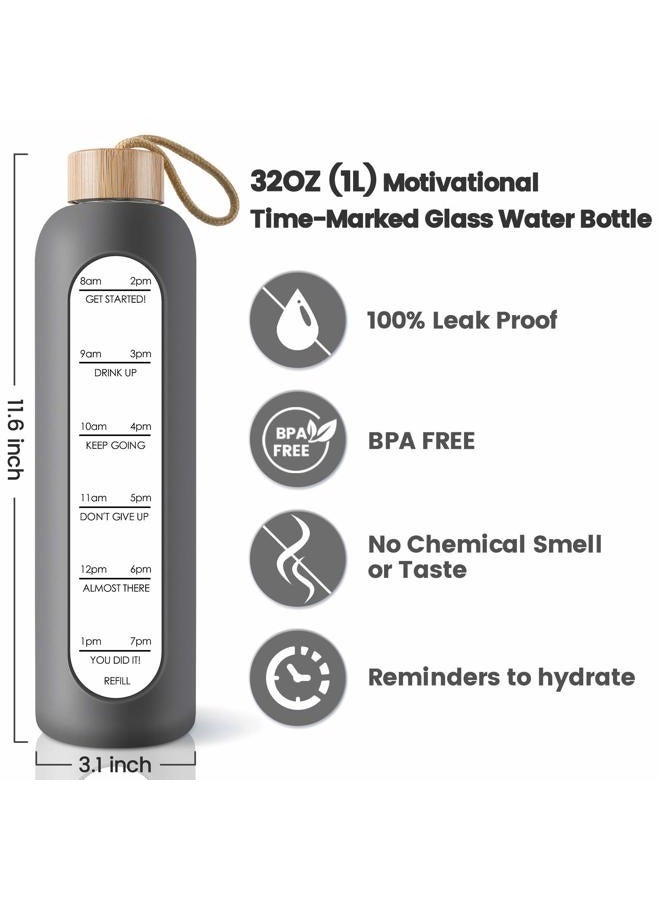 PROBTTL 32 Oz Borosilicate Glass Water Bottle with Time Marker Reminder Quotes, 1 Liter Leak Proof Reusable BPA Free Motivational Water Bottles with Silicone Sleeve and Bamboo Lid (Grey) - Image 2