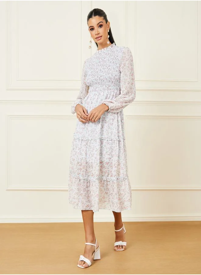 Styli Ditsy Floral Print Smocked Detail Tiered Midi Dress