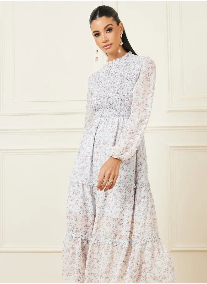 Styli Ditsy Floral Print Smocked Detail Tiered Midi Dress