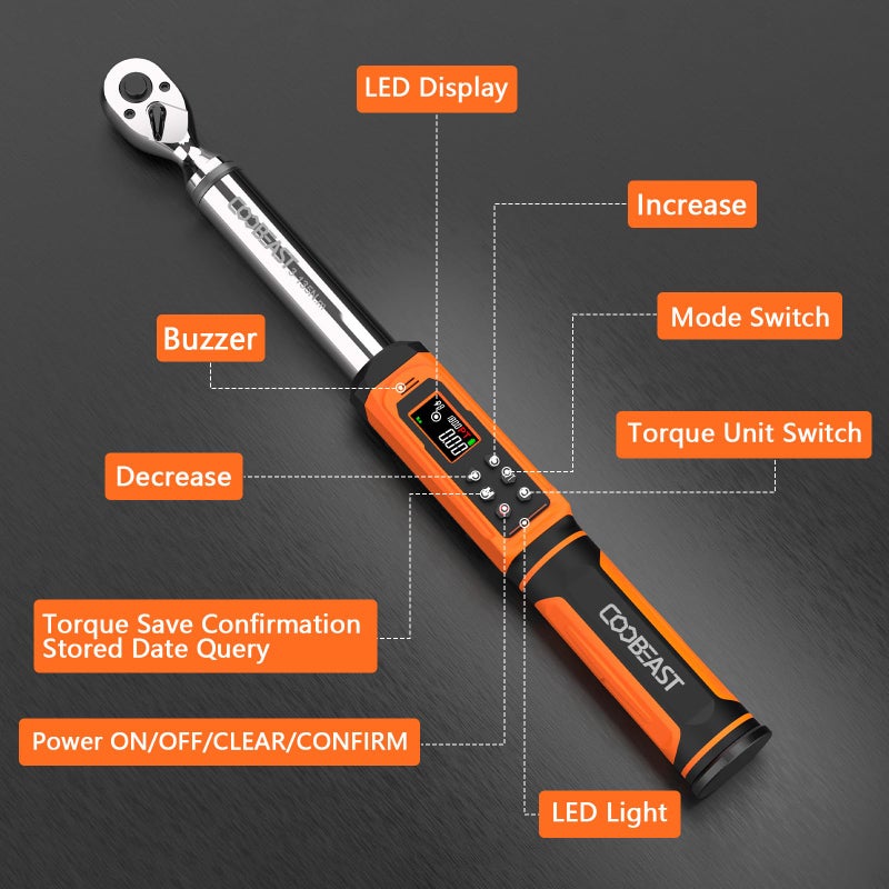 coobeast Digital Torque Wrench, 3/8 Drive Electronic Torque Wrench with Preset Value(1.5-99.5 Ft-lbs./2-135Nm), Buzzer and LED Flash Five Units of Measure for Bike Motorcycle Car - Image 4