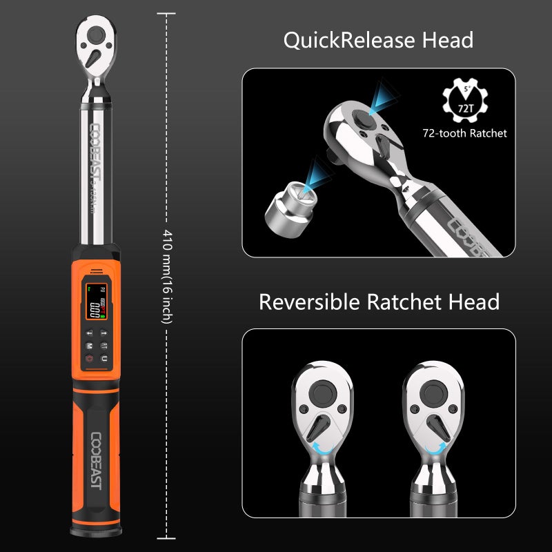 coobeast Digital Torque Wrench, 3/8 Drive Electronic Torque Wrench with Preset Value(1.5-99.5 Ft-lbs./2-135Nm), Buzzer and LED Flash Five Units of Measure for Bike Motorcycle Car - Image 2
