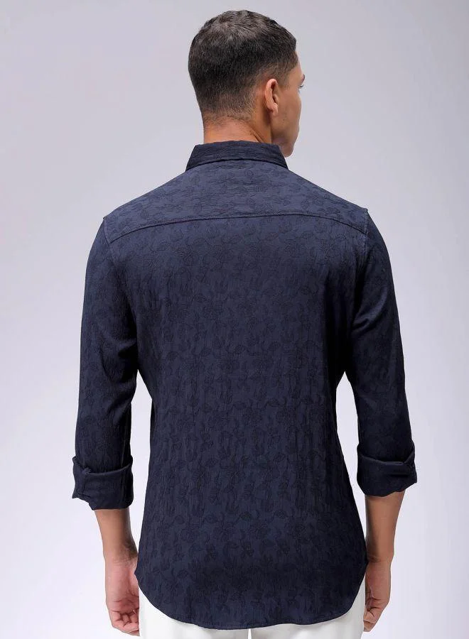 The Indian Garage Co Men Slim Fit Textured Floral Full Sleeves Cutaway Collar Resort Wear Shirt
