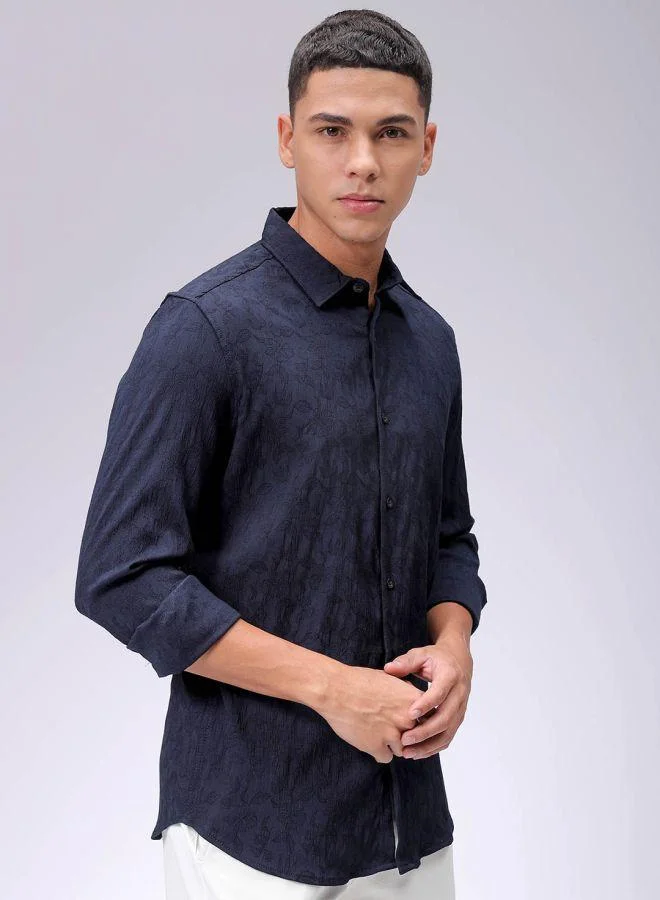 The Indian Garage Co Men Slim Fit Textured Floral Full Sleeves Cutaway Collar Resort Wear Shirt