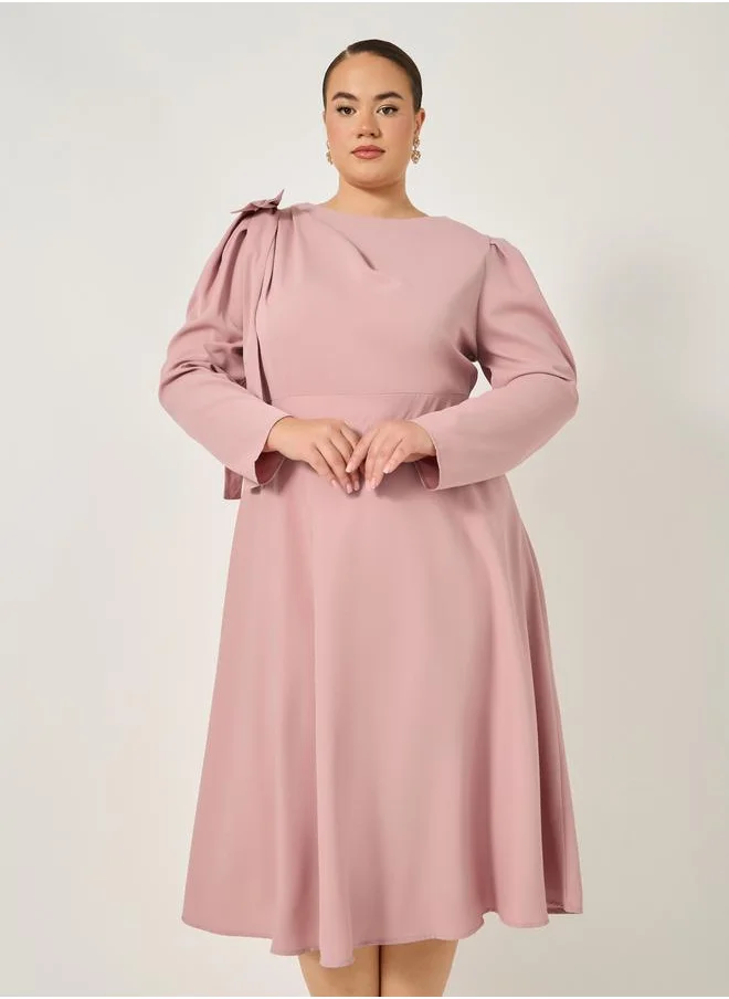 ستايلي Plus Size Shoulder Bow Detail A-Line Midi Dress