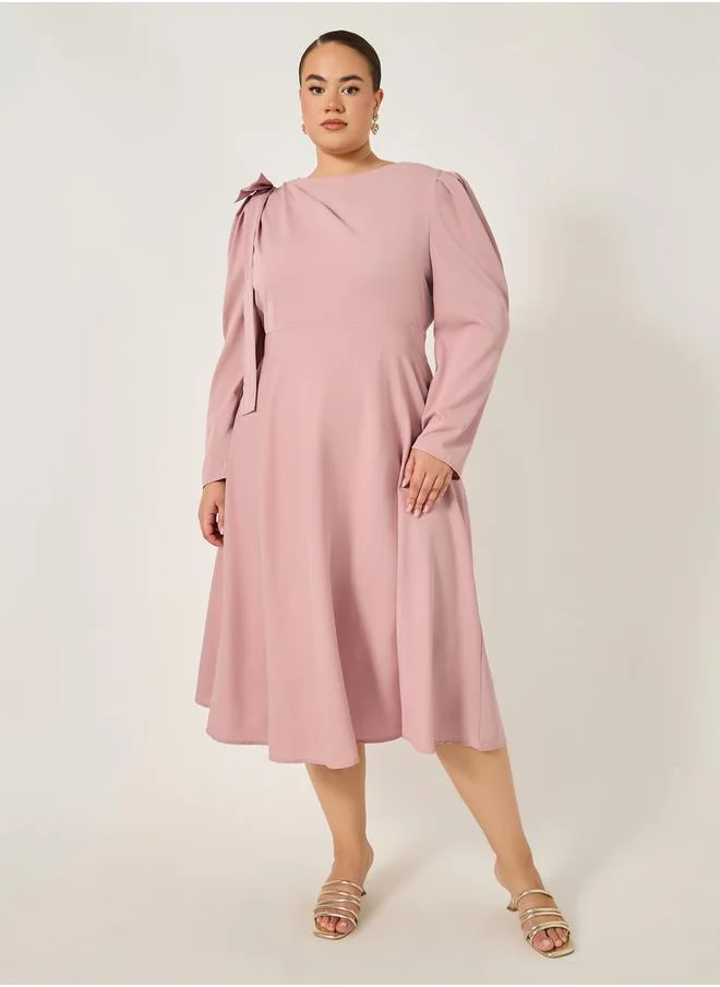 ستايلي Plus Size Shoulder Bow Detail A-Line Midi Dress