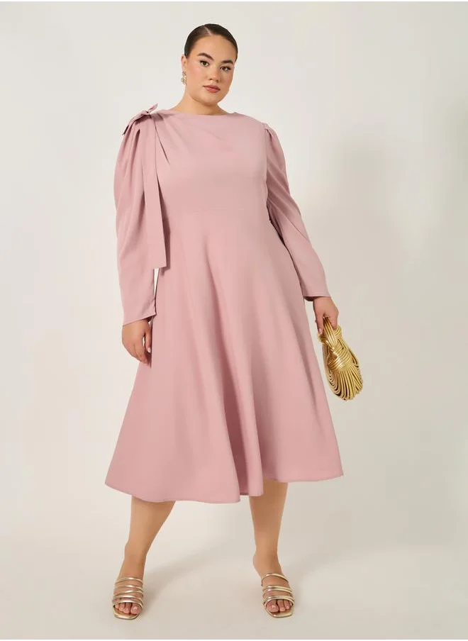 ستايلي Plus Size Shoulder Bow Detail A-Line Midi Dress