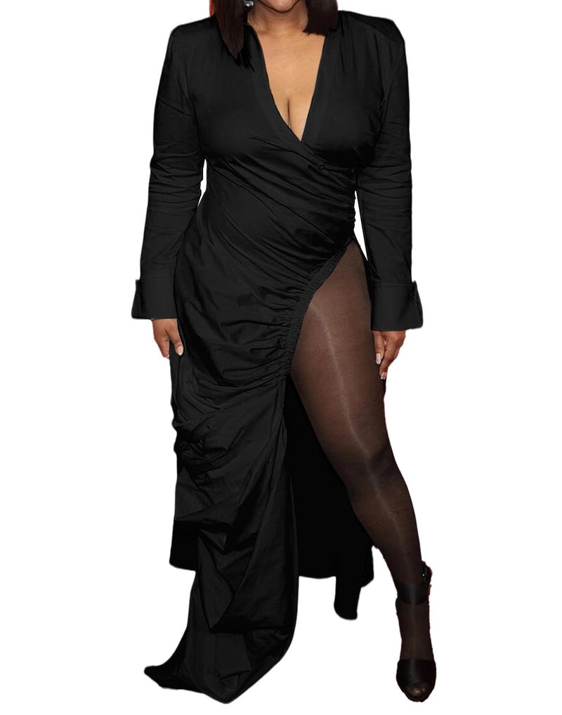 Choichic Women's Deep V Neck Ruched Long Sleeve Side Split High Low Irregular Hem Top Tunic Blouse Long Shirt Dress XX-Large Black - Image 3