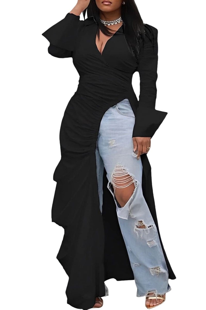 Choichic Women's Deep V Neck Ruched Long Sleeve Side Split High Low Irregular Hem Top Tunic Blouse Long Shirt Dress XX-Large Black - Image 1