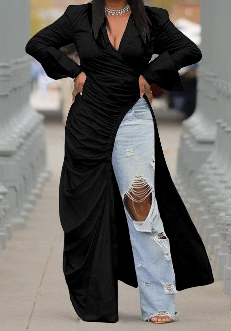 Choichic Women's Deep V Neck Ruched Long Sleeve Side Split High Low Irregular Hem Top Tunic Blouse Long Shirt Dress XX-Large Black - Image 2