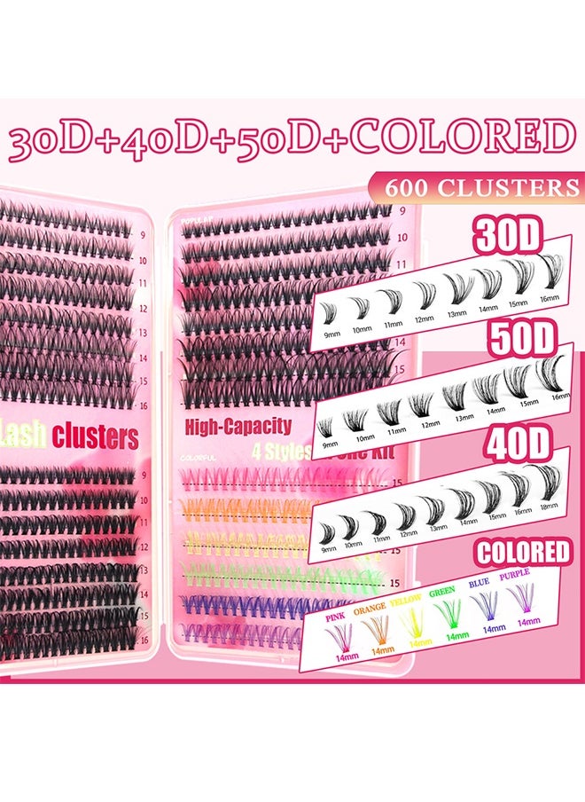 4 Styles DIY False Eyelashes Kit, 600 Clusters Mixed Individual Voluminous Lashes Including 30D Lashes 40D Lashes 50D Lashes Colored Lashes, Eyelash Extension Kit for Daily Makeup and Special Occasions