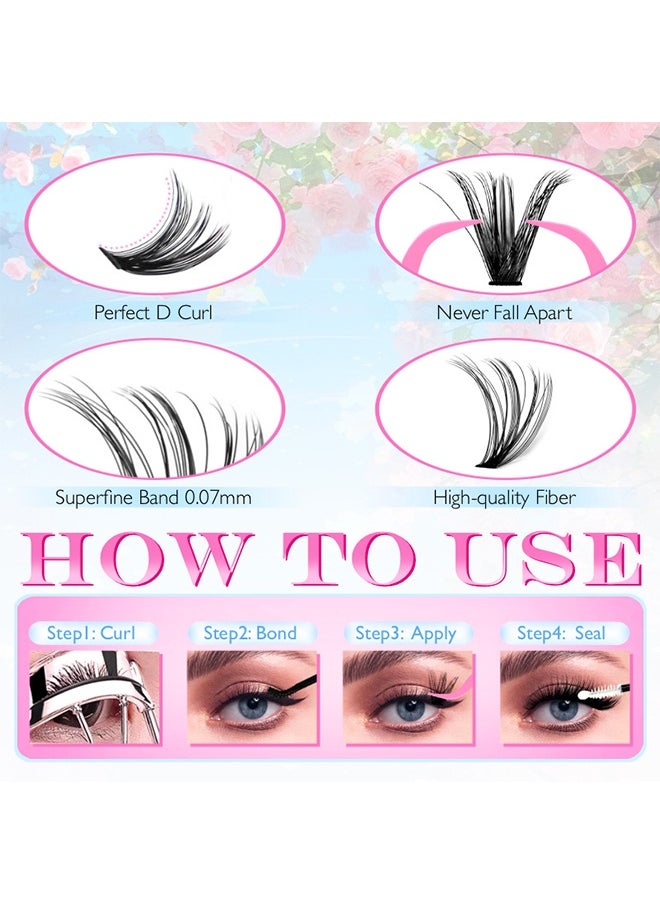4 Styles DIY False Eyelashes Kit, 600 Clusters Mixed Individual Voluminous Lashes Including 30D Lashes 40D Lashes 50D Lashes Colored Lashes, Eyelash Extension Kit for Daily Makeup and Special Occasions