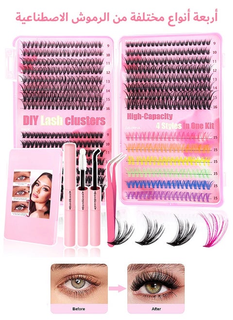 4 Styles DIY False Eyelashes Kit, 600 Clusters Mixed Individual Voluminous Lashes Including 30D Lashes 40D Lashes 50D Lashes Colored Lashes, Eyelash Extension Kit for Daily Makeup and Special Occasions
