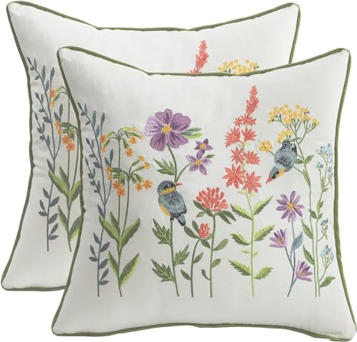 Tosleo Embroidered Throw Pillow Covers 18 x 18 inch Pack of 2 Vintage Birds with Flowers Farmhouse Pillow Cushion Cases Spring Decorative Pillowcases Home Decor Square Floral Pillow Case