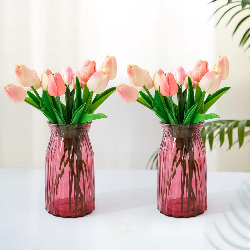 UMAI Glass Vase for Home Decor Center Table Decorative Items Flower Vases for Home Decor Dining Table Decorative Items Transparent Flower Vase for Living Room Office Bookshelf 2Pcs Red - Image 1