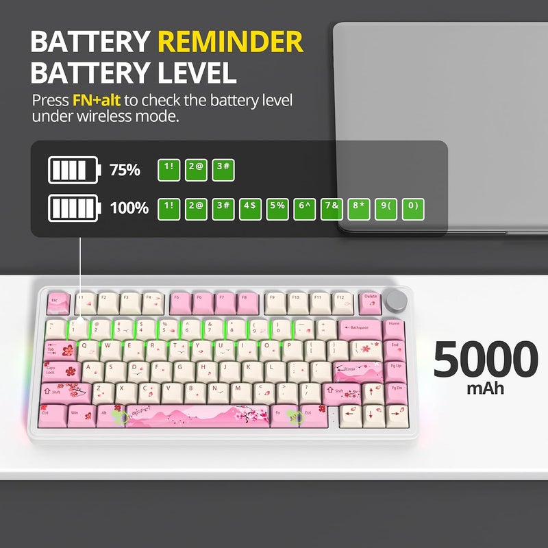 surmen 75% Pink Wireless Mechanical Keyboard Tri-Mode for PC/Laptop (Ying) | BT5.0/2.4Ghz/USB,Hot-Swap,RGB Backlit,Creamy Sounding - Image 3