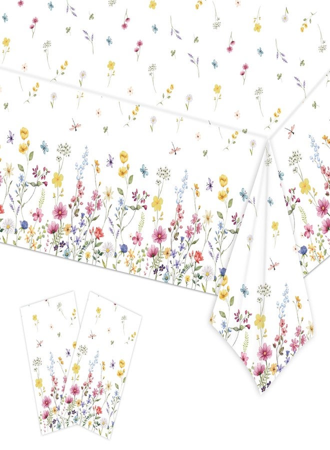 LDFDRT 2-Pack Wildflower Plastic Tablecloth Disposable Rectangle - Floral Butterfly Garden Party Table Cover with Spring Flowers, 54x108 Inch for Fairy Birthday Party Decorations - Image 1