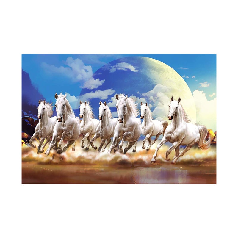 Dharvika Innovations Beautiful white Seven horse running painting Sparkle Coated Self Adhesive Wallpaper Without Frame Digital Reprint 24 inch x 36 inch Painting - Image 1