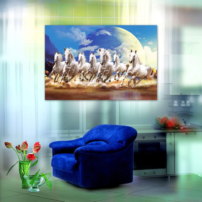 Dharvika Innovations Beautiful white Seven horse running painting Sparkle Coated Self Adhesive Wallpaper Without Frame Digital Reprint 24 inch x 36 inch Painting - Image 3