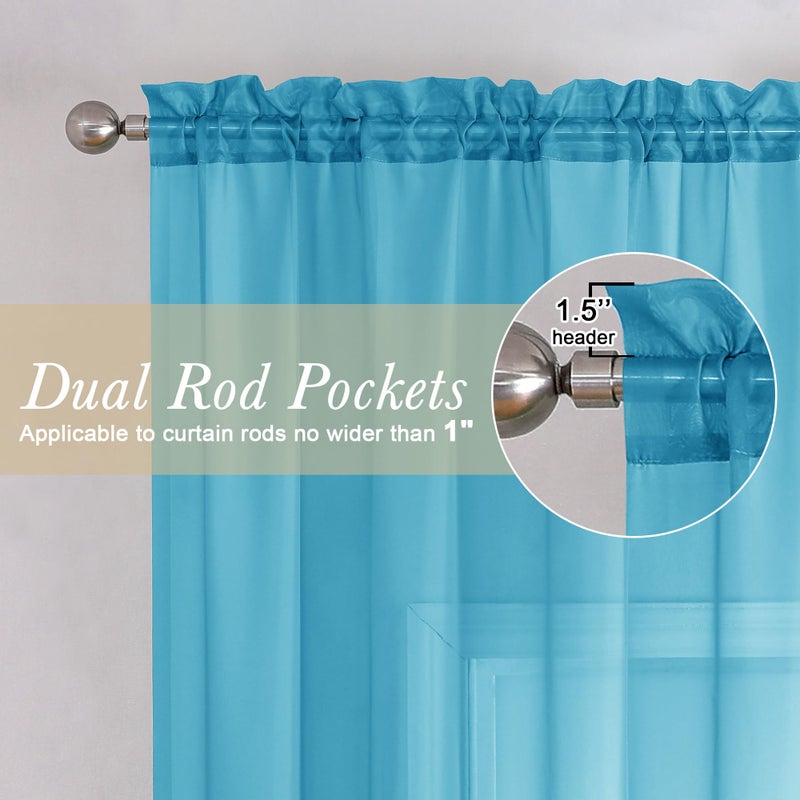 Lecloud Turquoise Sheer Curtains 84 Inches Long 2 Panels, Light Filtering Voile Curtain Drapes for Bedroom Living Room, Dual Rod Pocket Semi Sheer Window Treatments, 40 W x 84 L Inches - Image 2