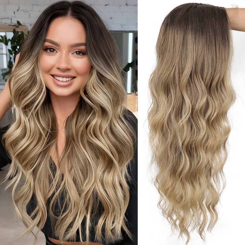 Blonde Wig for Women 4X1 Lace Hairline Long Middle Part with Dark Root Synthetic Heat Resistant Natural Hair for Daily Party