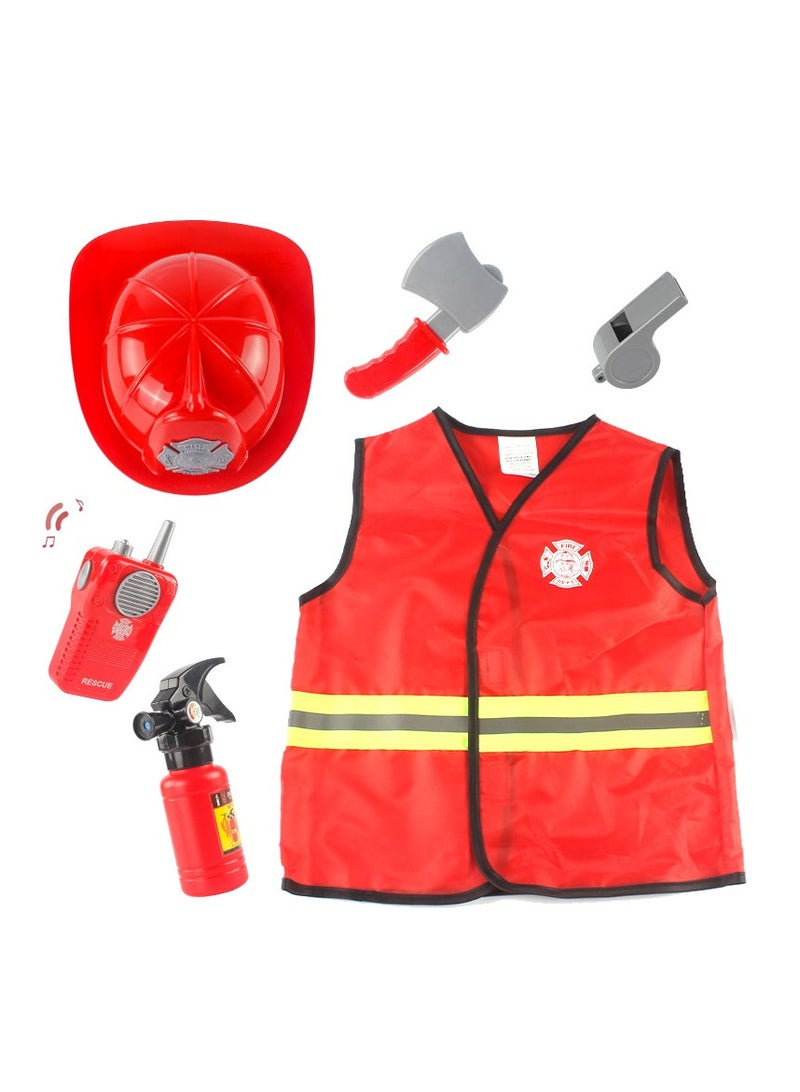 ميكسد مجموعة لعب الأدوار التنكرية لرجال الإطفاء مكونة من 6 قطع، فستان أطفال إطفاء مع قبعة رجل إطفاء حمراء وأدوات لعبة سترة، زي مهنة رجل الإطفاء، ألعاب لعب الأدوار التظاهرية، مجموعة ألعاب تعليمية للحفلات - Image 1