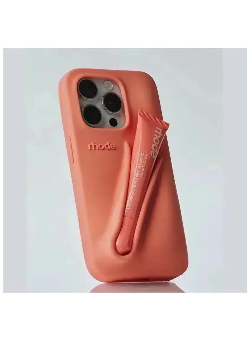 rhode Lip Gloss Phone Case with Lip Tint, For iPhone Case Liquid Silicone Camera Protection Lipstick Lip Glaze Phone Case for iPhone 16 Pro Max (Orange) - Image 1