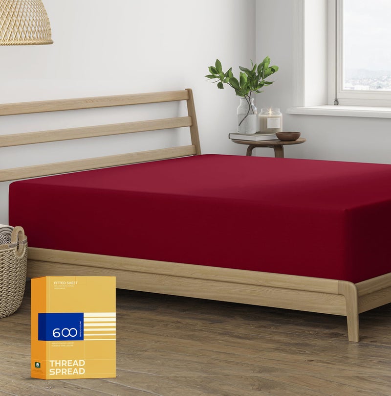 THREAD SPREAD Queen Size Fitted Sheet Only - 100% Egyptian Cotton 600 Thread Count Deep Pocket Queen Fitted Sheet  Fitted Sheet Queen Size  Cooling Bottom Sheet  Fits Mattress Upto 18""- Burgundy - Image 1