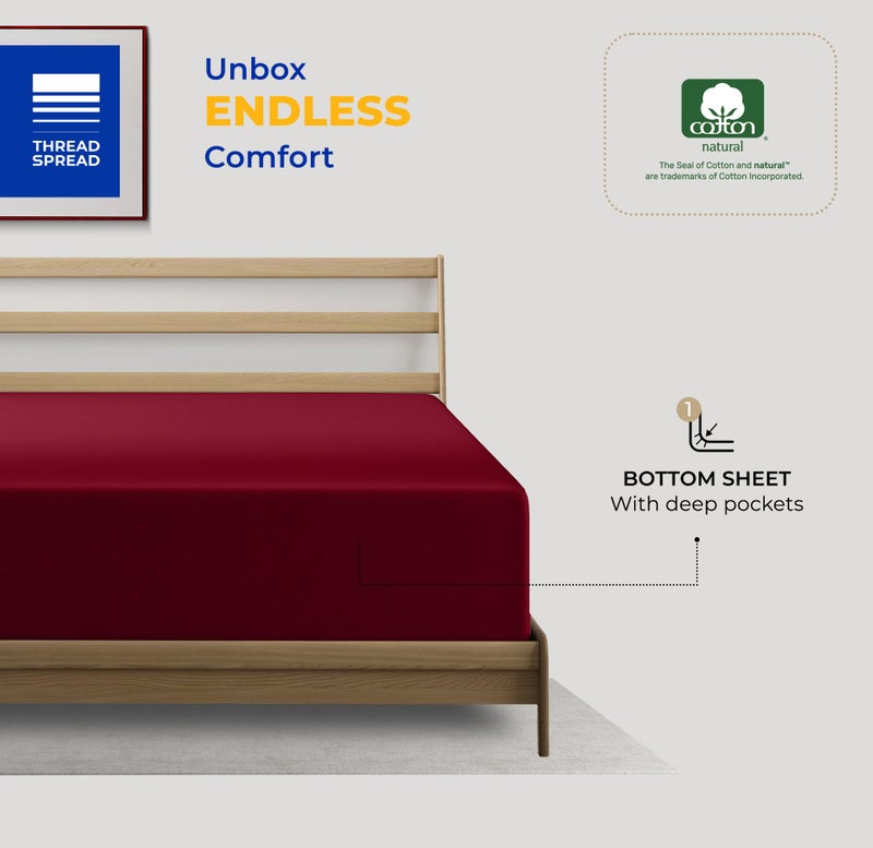 THREAD SPREAD Queen Size Fitted Sheet Only - 100% Egyptian Cotton 600 Thread Count Deep Pocket Queen Fitted Sheet  Fitted Sheet Queen Size  Cooling Bottom Sheet  Fits Mattress Upto 18""- Burgundy - Image 3
