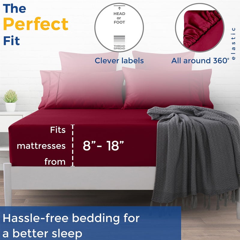 THREAD SPREAD Queen Size Fitted Sheet Only - 100% Egyptian Cotton 600 Thread Count Deep Pocket Queen Fitted Sheet  Fitted Sheet Queen Size  Cooling Bottom Sheet  Fits Mattress Upto 18""- Burgundy - Image 2