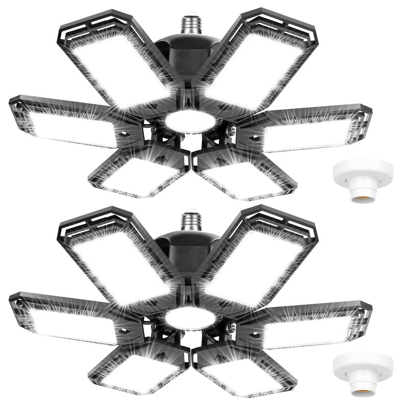 Luyata 2 Pack LED Garage Lights 180W Deformable 18000LM Close to Ceiling Light Fixtures E26 E27 Screw-in Six Leaf Glow Lighting, Ultra Bright LED Shop Light with 6 Adjustable Panels for Work Shop Warehouse - Image 1