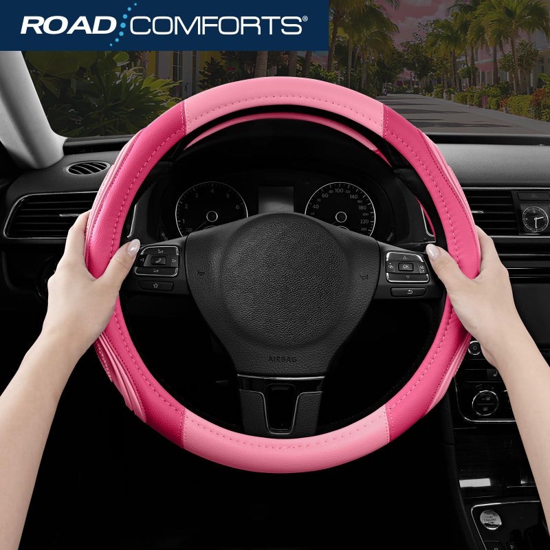 Road Comforts Car Steering Wheel Cover - Microfiber Leather Steering Wheel Wrap Sports 14.5-15 Inch Steering Wheel Cover Non-Slip for Men Women Pink & HotPink Color - Image 5