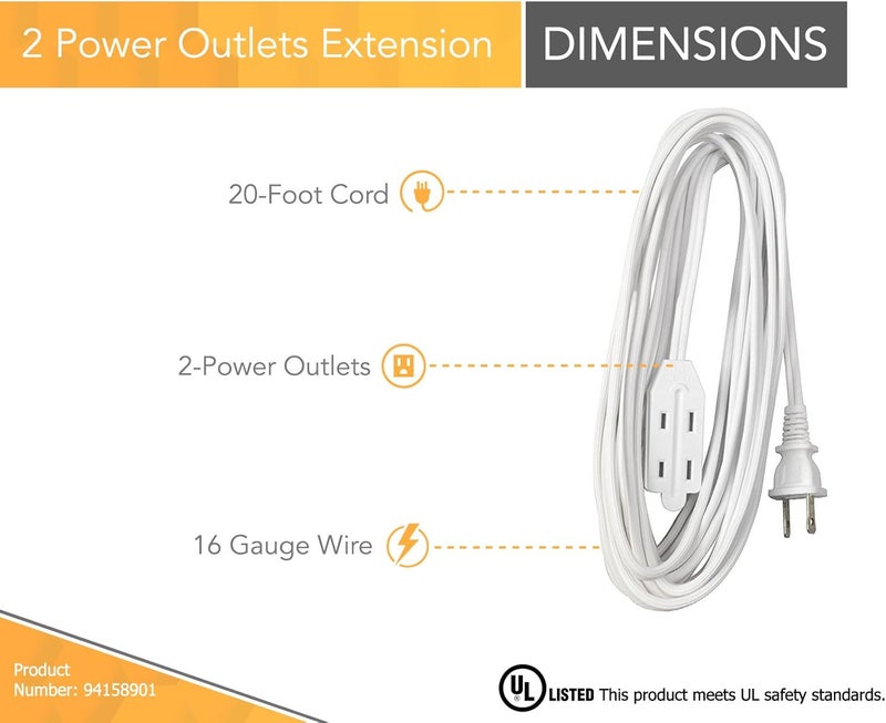 Woods Coleman Cable 9415 Extension Cord with 2 Power Outlets, White, 20-Foot - Image 1