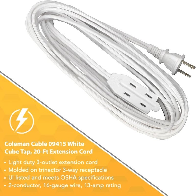 Woods Coleman Cable 9415 Extension Cord with 2 Power Outlets, White, 20-Foot - Image 3