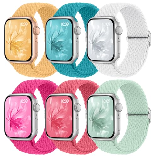 Knossen 6 Pack Braided Stretchy Bands Compatible with Apple Watch Band 38mm 40mm 41mm 42mm 44mm 45mm 46mm 49mm Women Men Adjustable Nylon Solo Loop Elastic Straps for iWatch Series 11 10 9 8 7 6 5 4 SE Ultra - Image 1