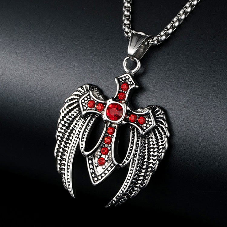 European and American Eagle Wing Cross Stainless Steel Men's and Women's Diamond Wing Necklace Titanium Steel Pendant Factory Wholesale (Single Red Diamond Pendant [excluding chain] number D14-04)