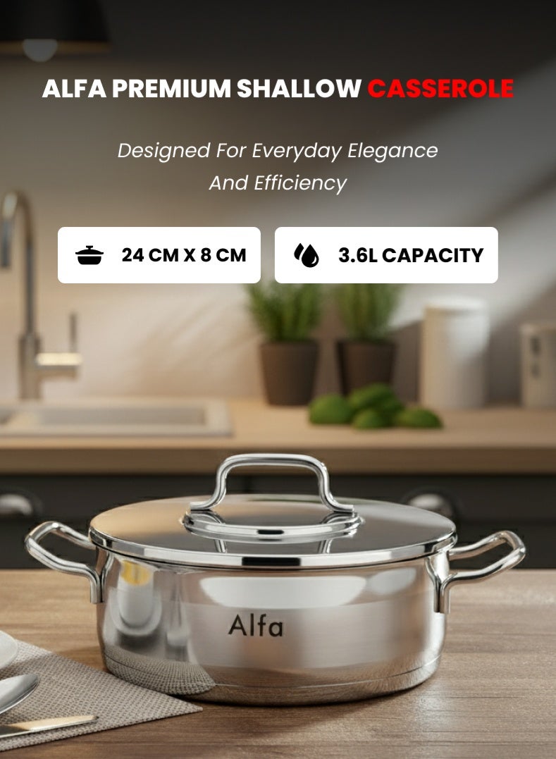 ALFA Stainless Steel Shallow Casserole 24 cm | 3.6 L Capacity | 18/10 Food‑Grade Steel | Triplex Capsule Bottom | Induction & Gas Compatible | With Lid - Image 1