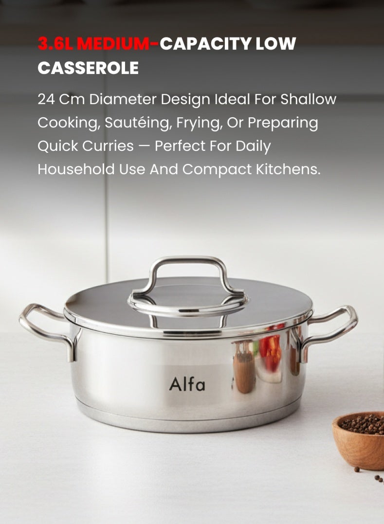 ALFA Stainless Steel Shallow Casserole 24 cm | 3.6 L Capacity | 18/10 Food‑Grade Steel | Triplex Capsule Bottom | Induction & Gas Compatible | With Lid - Image 3