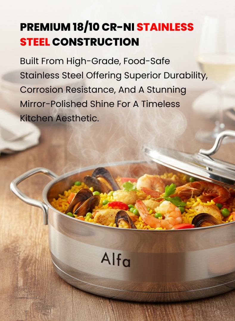 ALFA Stainless Steel Shallow Casserole 24 cm | 3.6 L Capacity | 18/10 Food‑Grade Steel | Triplex Capsule Bottom | Induction & Gas Compatible | With Lid - Image 2