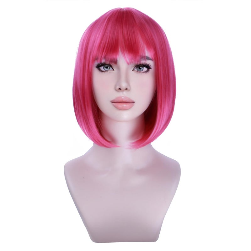 MAGQOO Hot Pink Wigs for Women Hot Pink Bob Wig Short Straight Magenta Wigs with Bangs Synthetic Cosplay Party Wig