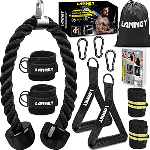 LANNEY Tricep Rope Cable Machine Attachment, 35" Triceps Pull Down Rope LAT Pulldown Attachments, Home Gym Accessories Set with Resistance Bands Handle, Ankle Straps, Carabiner, Wrist Wraps for Exercise - Image 1